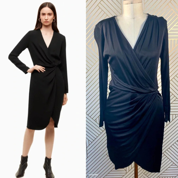 Aritzia Babaton Draped Dress Ruched Faux Wrap Long Sleeve Black Size‎ Small - Picture 1 of 11